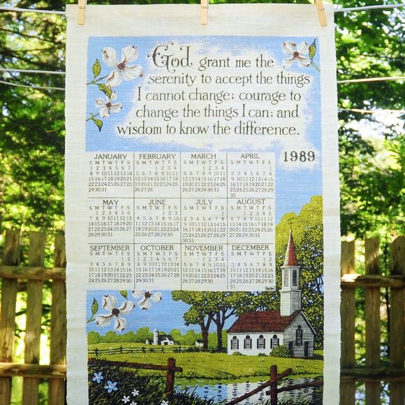 Vintage 1989 Serenity Prayer & Country Church on Pond Calendar Towel by Kay Dee - Picture 2 of 7